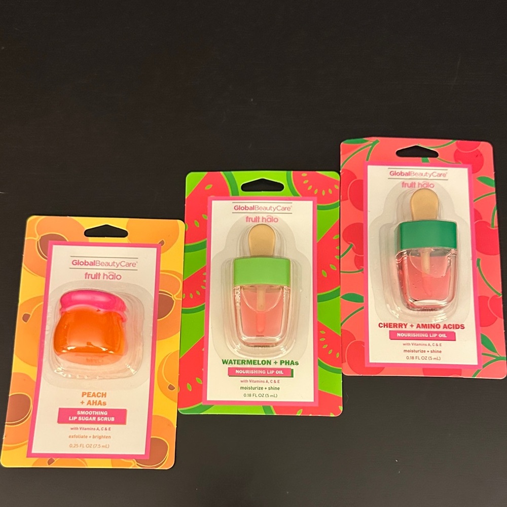 Global Beauty Care Fruit Halo Lip Oil Trio - Peach, Watermelon, Cherry